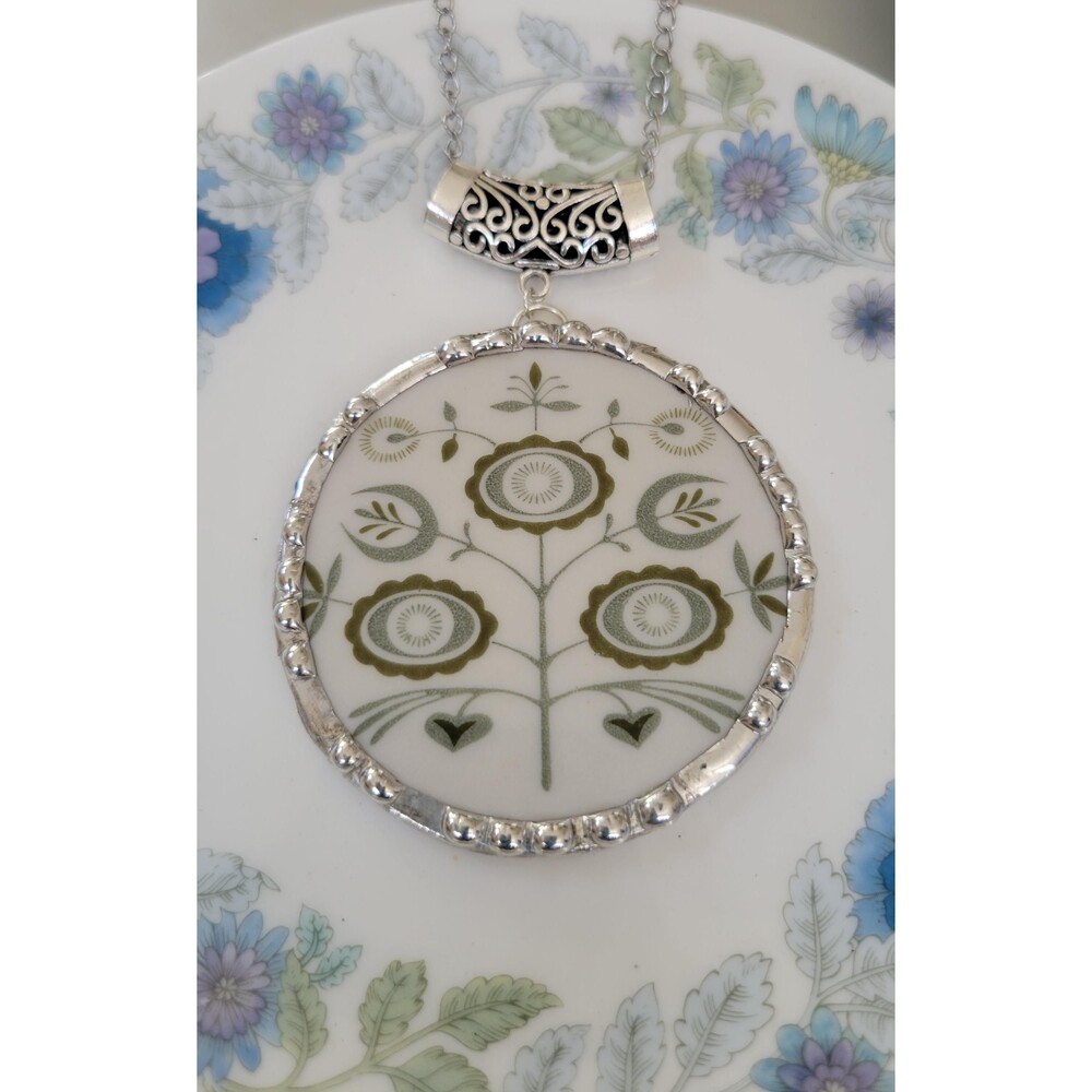 Franciscan Heritage Large Soldered Broken China Pendant — 2.5" Round, 1960s